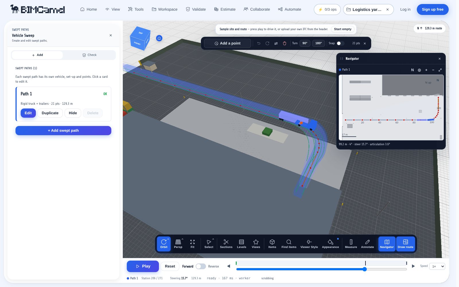 Swept path of an articulated lorry turning through a 90 degree bend in a logistics yard, drawn over the site model in the BIMCamel viewer